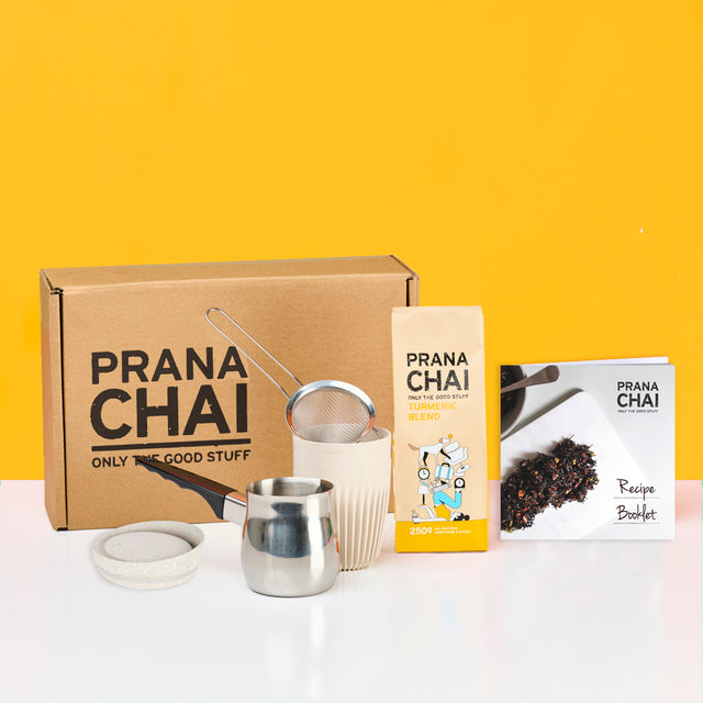 Prana Chai Turmeric Blend Starter Box with Huskee 12oz Cup & Lid