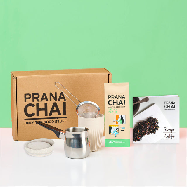 Prana Chai Vegan Agave Blend Starter Box with Huskee 12oz Cup & Lid